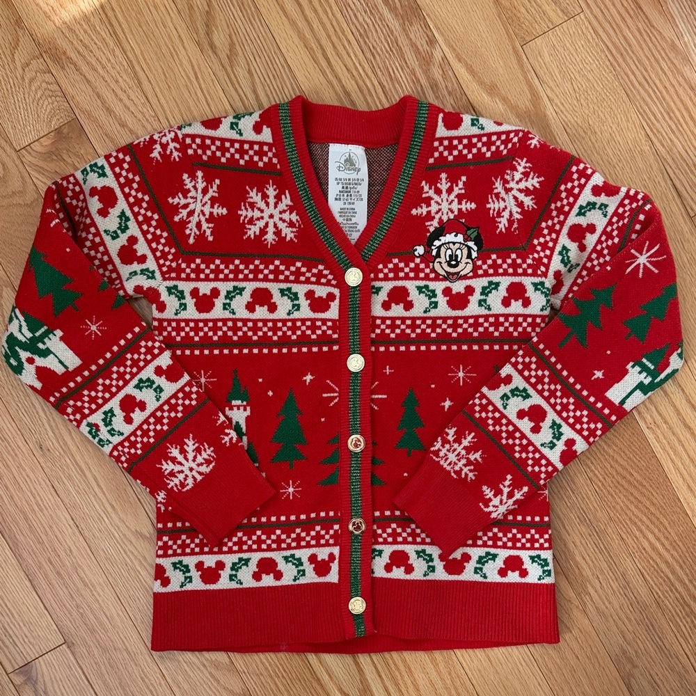 Disney Minnie Mouse Castle Red and Green Holiday Cardigan NWOT